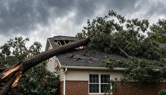 Large tree fallen on residential house roof causing major structural damage after severe storm