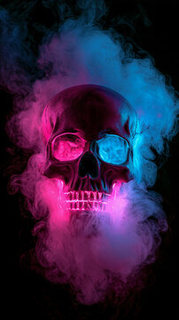 Human skull glowing with neon pink and blue light surrounded by billowing smoke