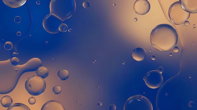 Blue and Gold Microscopic Liquid Oil Bubbles Floating Abstract Background