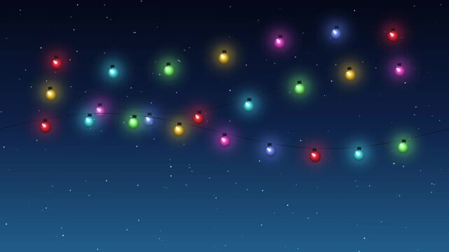 Colorful holiday string lights twinkle brightly against a dark starry blue night sky creating a festi