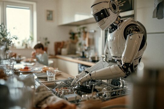 Humanoid robot loading a dishwasher in a kitchen while a family eats breakfast