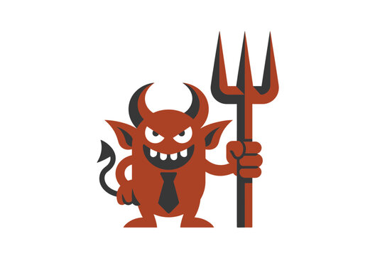 Red devil character holding a pitchfork flat vector illustration