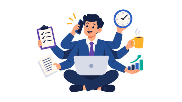 Multitasking businessman working on a laptop with multiple arms