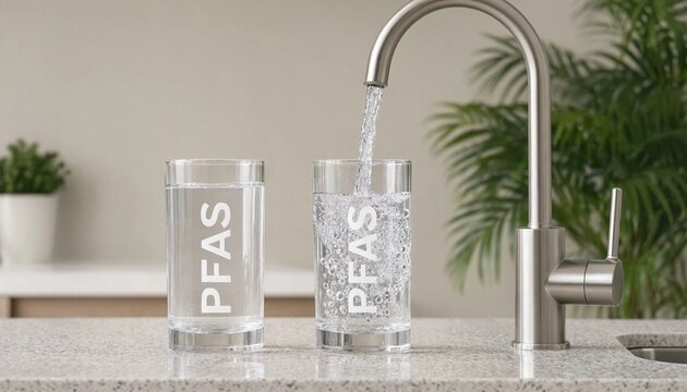 Glass of water being filled from a kitchen tap with the label PFAS representing chemical water contamination and health safety concerns