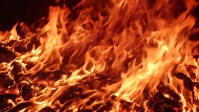 Intense bonfire flames burning brightly: close-up cinematic fire background blaze