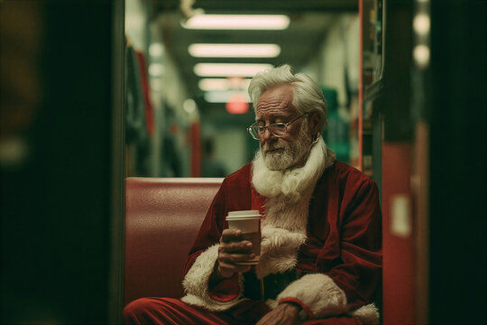 Santa Claus sitting on a break drinking coffee in a dimly lit backstage hallway