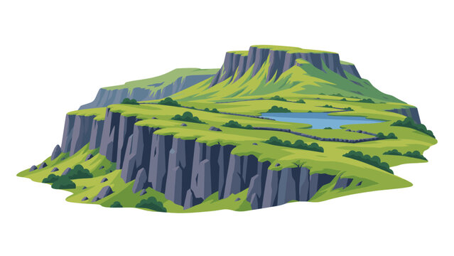 Green plateau landscape with steep cliffs and a lake