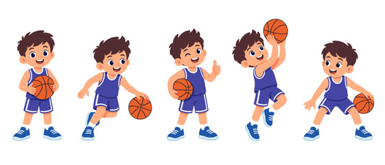 Set of cartoon boys playing basketball in different poses