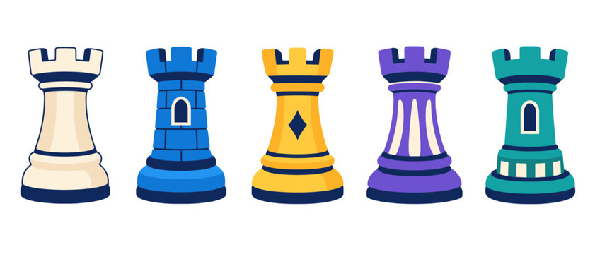 Colorful chess rook pieces arranged in a row