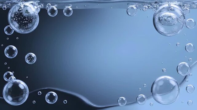 Refreshing blue water video background with floating clear liquid bubbles forming a frame around a central space, ideal for skincare, beverage, and medical product video presentation