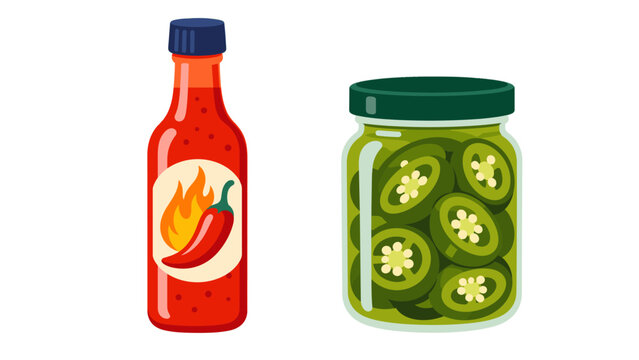 Hot sauce bottle and pickle jar with cucumber slices