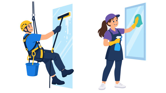 Window cleaners washing glass with a squeegee and cloth