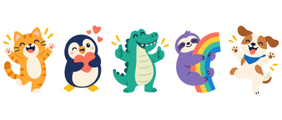 Obraz premium Cute animal character set with hearts and a rainbow