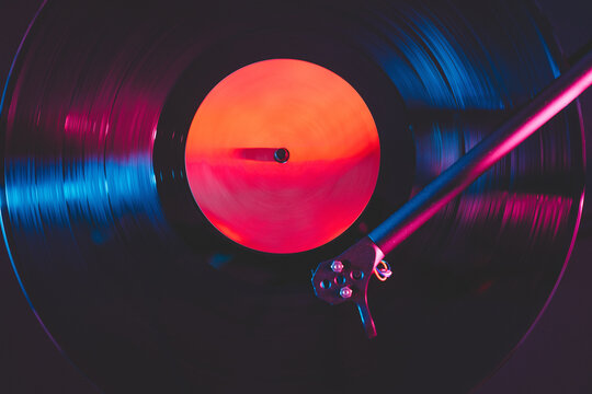 Close-up of a vinyl record playing on a turntable 