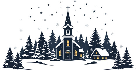Naklejka premium Winter night scene featuring a small church and house surrounded by snow covered pine trees christmas landscape building architecture