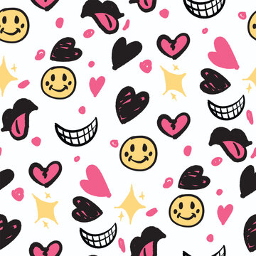 Seamless pattern with hand drawn smiley face, hearts, lips and stars in y2k doodle style