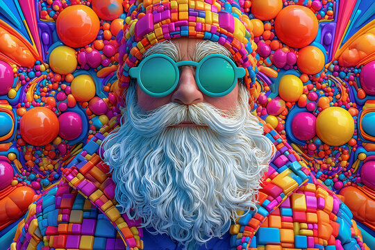 Vibrant gnome character portrait in rainbow knit hat