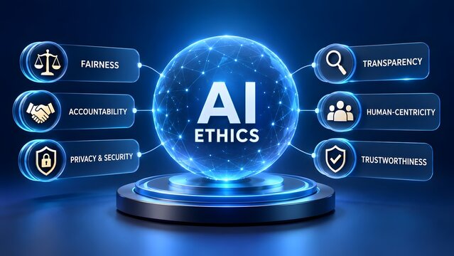 Artificial Intelligence AI Ethics concept with core principles of fairness accountability privacy security transparency human centricity and trustworthiness visualized around a glowing digital sphere.