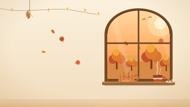 Cozy autumn illustration with cute cat and coffee on windowsill