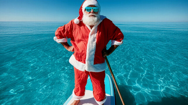 Santa claus standing confidently on a paddleboard with hands on hips over calm ocean water