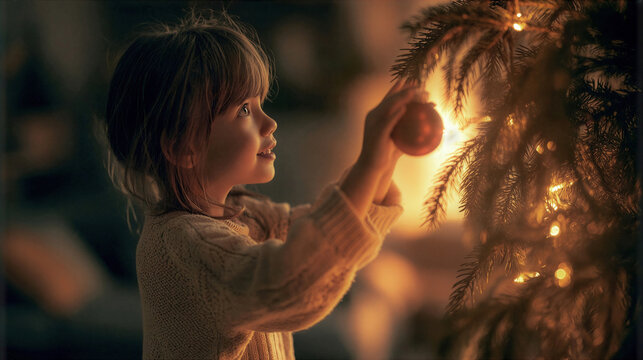 Little girl reaching up high to hang an ornament on a christmas tree with warm bokeh lights