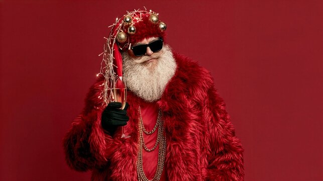 Stylish santa claus in a red fur coat and sunglasses holding a champagne glass on a red background