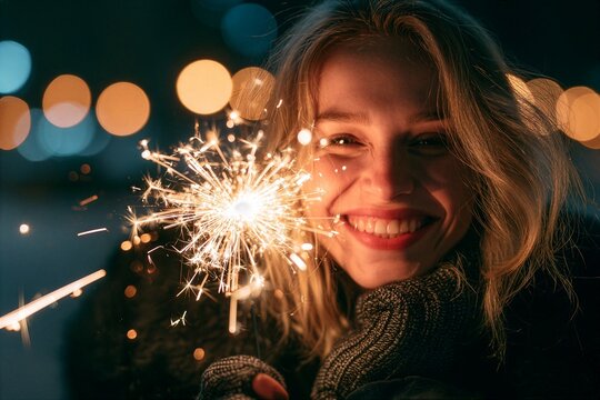 Smiling woman holding a bright sparkler with warm bokeh lights glowing behind her