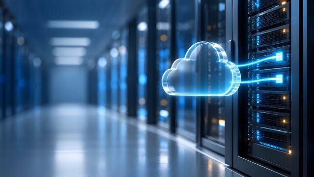 Glowing cloud computing icon connected to data center server racks for network infrastructure and digital storage solutions