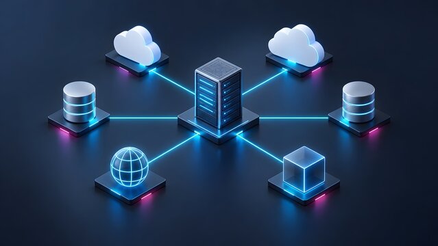 Isometric network topology featuring central server routing data to cloud platforms databases and global systems