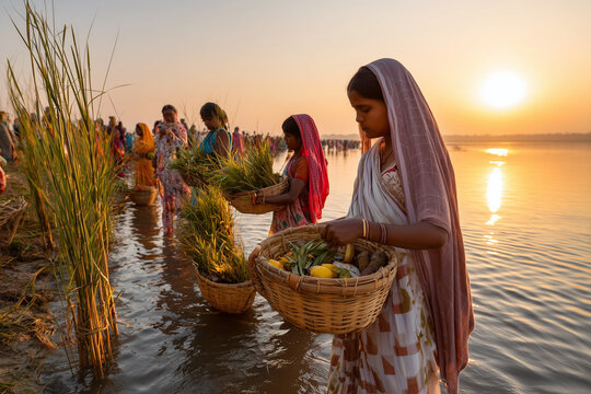  Women offering prayers to the setting sun during Chhath Puja at the riverbank, symbolic of devotion and purity.
