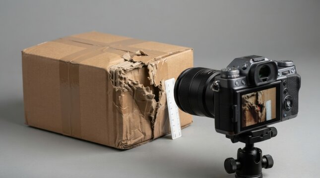 online order damage evidence photography Damaged cardboard box being photographed with a digital camera on a tripod.