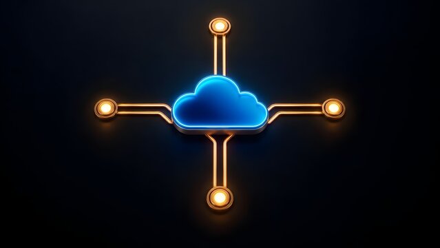 Isometric cloud computing network topology showing centralized data storage routing to digital nodes