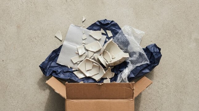 online order damage evidence photography Cardboard box filled with crumpled paper and packing materials on carpet floor.