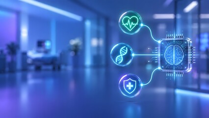 Obraz premium Neural network brain microchip connected to glowing medical icons representing smart healthcare artificial intelligence