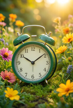 Daylight saving time and seasonal change, vintage green alarm clock in a blooming spring meadow with morning sunlight and colorful wildflowers in nature