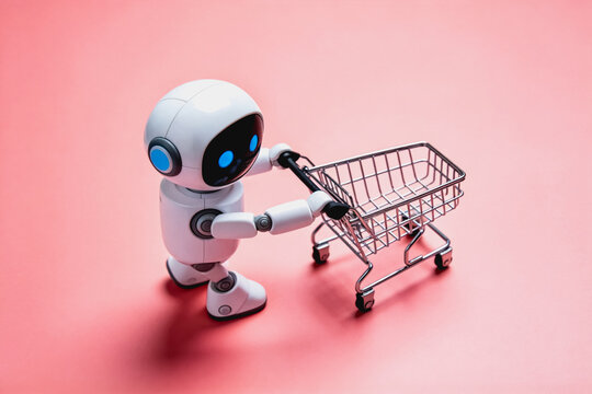 A small white robot with blue eyes pushes an empty metal shopping cart against a solid pink background, representing automated shopping technology.