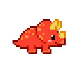 Cute pixel art baby dinosaur with spiky crest. Editable vector 8-bit pixel dinosaur ( triceratops ) sprite for mobile games, stickers, kids designs and mosaic puzzle © VRTX