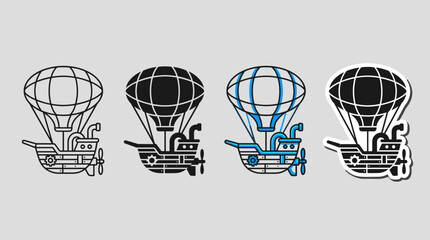 Steampunk Airship Icon Set: Outline, Solid, Blue Accents, and Sticker Style Variations © BestFren