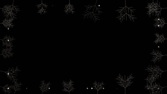 Champagne frost crystals overlay, frost crystals creeping in from the edges of the frame, seamless looping black background element for christmas, winter and new year videos