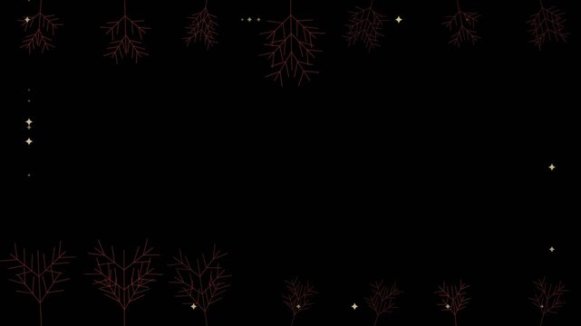 Red and gold frost crystals overlay, frost crystals creeping in from the edges of the frame, seamless looping black background element for christmas, winter and new year videos