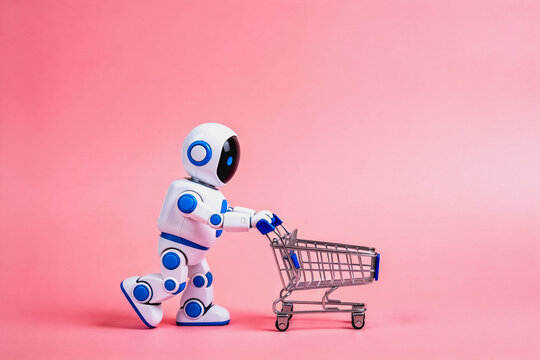 A small white and blue robot pushing a miniature shopping cart, set against a solid light pink studio background.