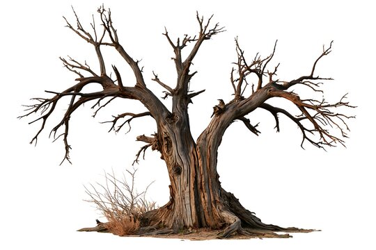 Old gnarled dead tree with bare twisted branches, ancient weathered wood isolated on white background