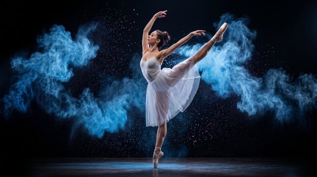 A graceful ballerina in a white tutu performs an arabesque with her arms extended, surrounded by swirling blue powder against a dark background.