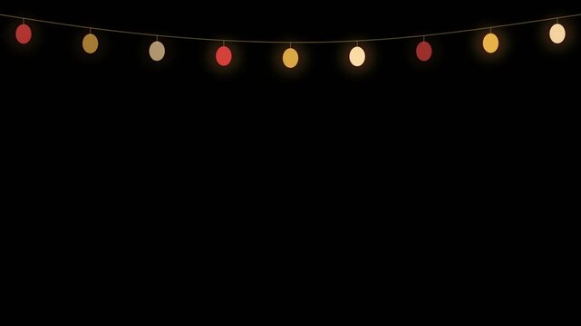 Red and gold string lights overlay, a garland of string lights twinkling along the top, seamless looping black background element for christmas, winter and new year videos