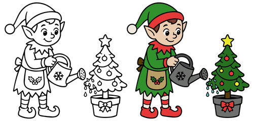 Fototapeta premium Christmas elf watering tree color and outline line art vector