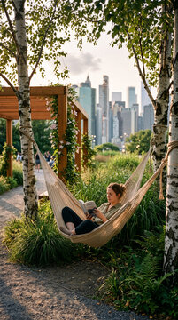 Woman reading book in hammock at urban park. Vertical photo of person relaxing among birch trees with city skyline background