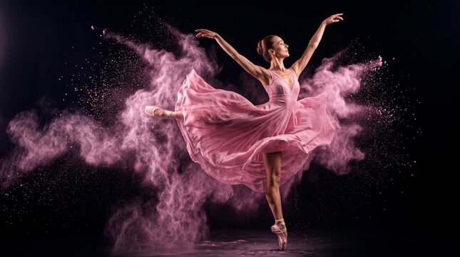 A graceful ballerina in a pink tutu performs a pirouette, surrounded by a cloud of pink powder that explodes around her.