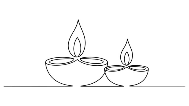 Continuous single line drawing of two traditional indian diya oil lamps with flames isolated on a plain white background for diwali celebration Vector, illustration