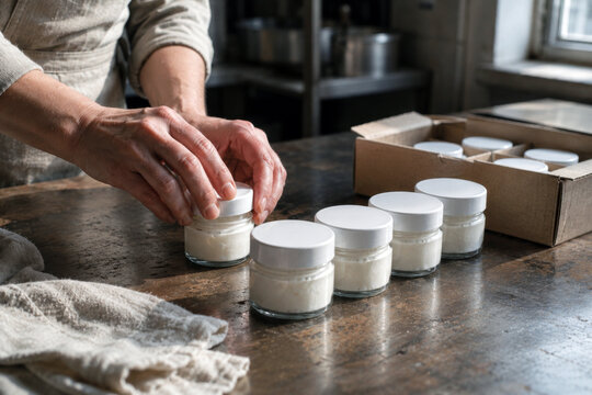 Worker filling and packing small glass jars of cream by hand in a simple skincare production workspace