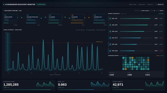 Advanced 4k ai biomarker discovery monitor interface with real time mass spec data analysis, for medical research, laboratory technology, diagnostics, scientific